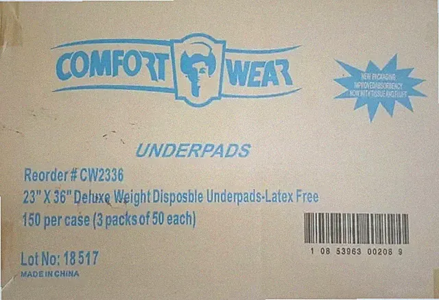 Comfort Wear Underpads 23" x 36" Disposable Bed Pads 150 Ct Latex Free Incontine